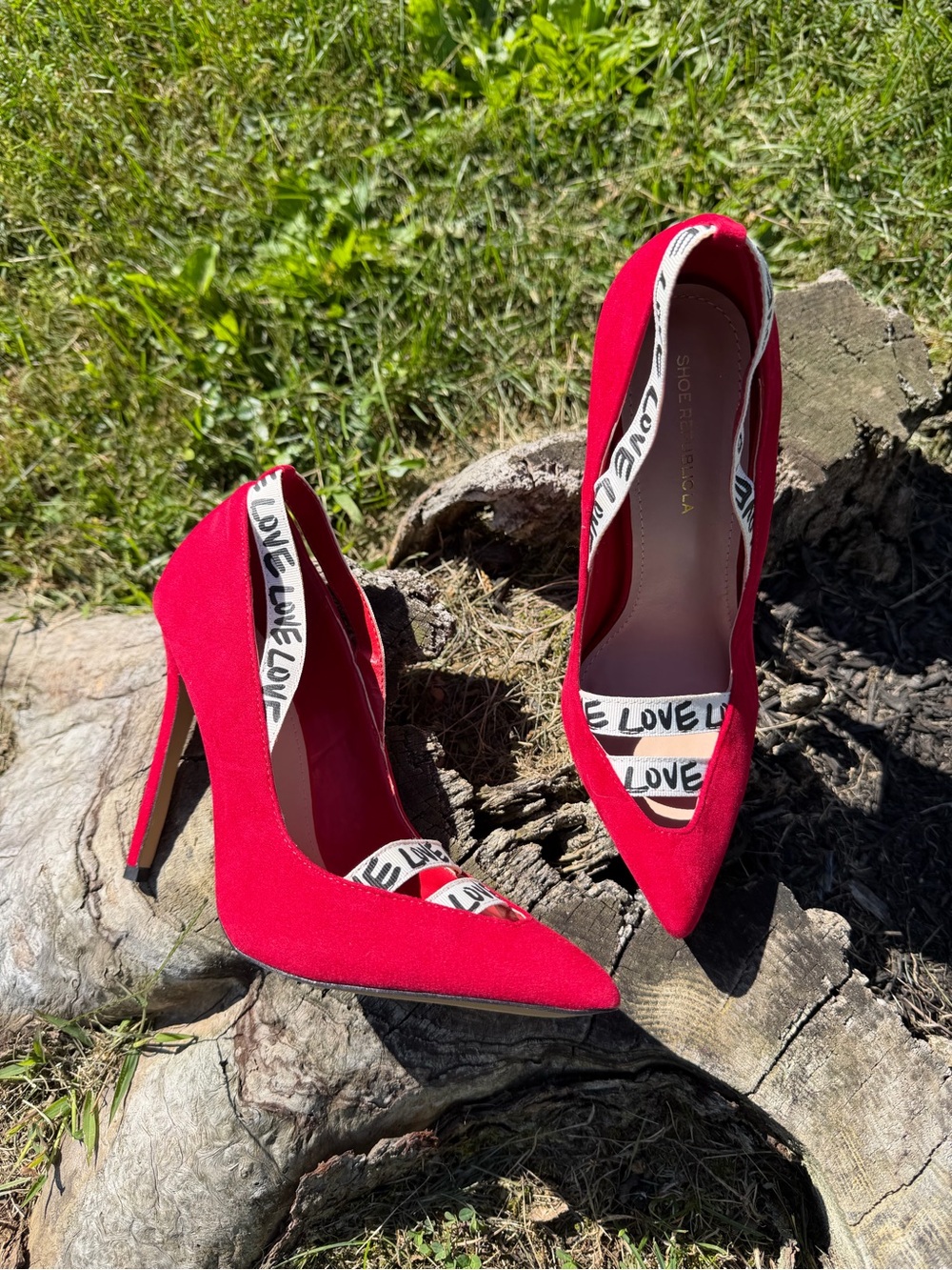 Shoe Republic LA Red Pointed-Toe Stilettos with 'LOVE' Strap
